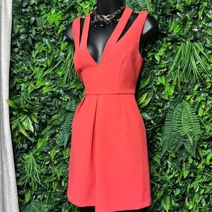 BCBGMAXAZRIA Dress 4 Coral Orange Mini V‎ Neck Pleated Cocktail Party 3073